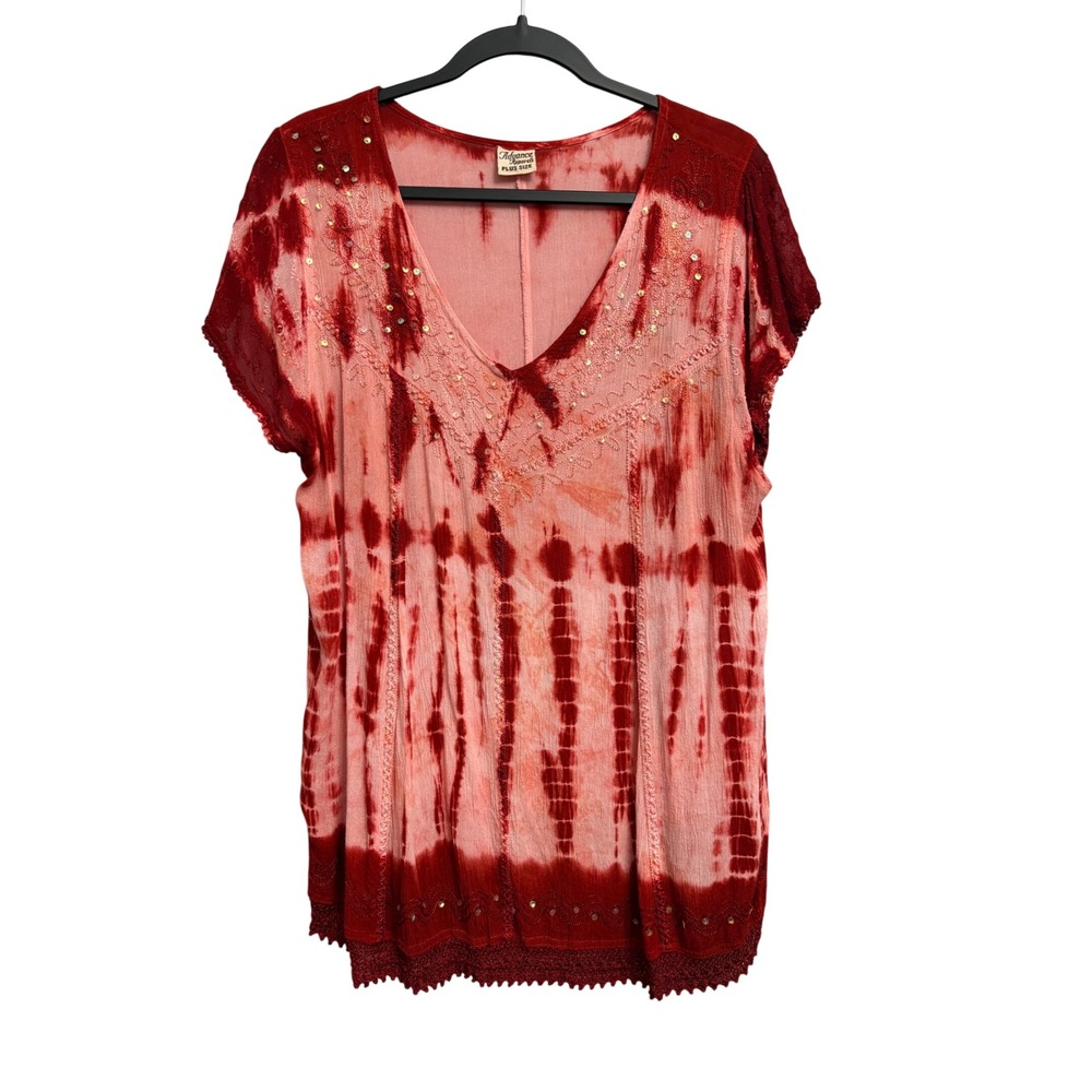 Advance Apparels Red Tie Dye Sequin Embroidered Lace Trim Tunic Top Plus Size